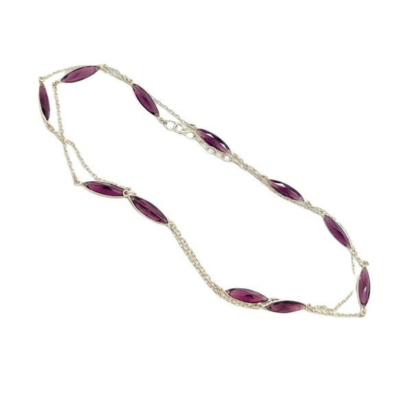 Silver-Tone Amethyst Color Purple Glass Marquise Cut Bezel Set Necklace 40" - Picture 5 of 6